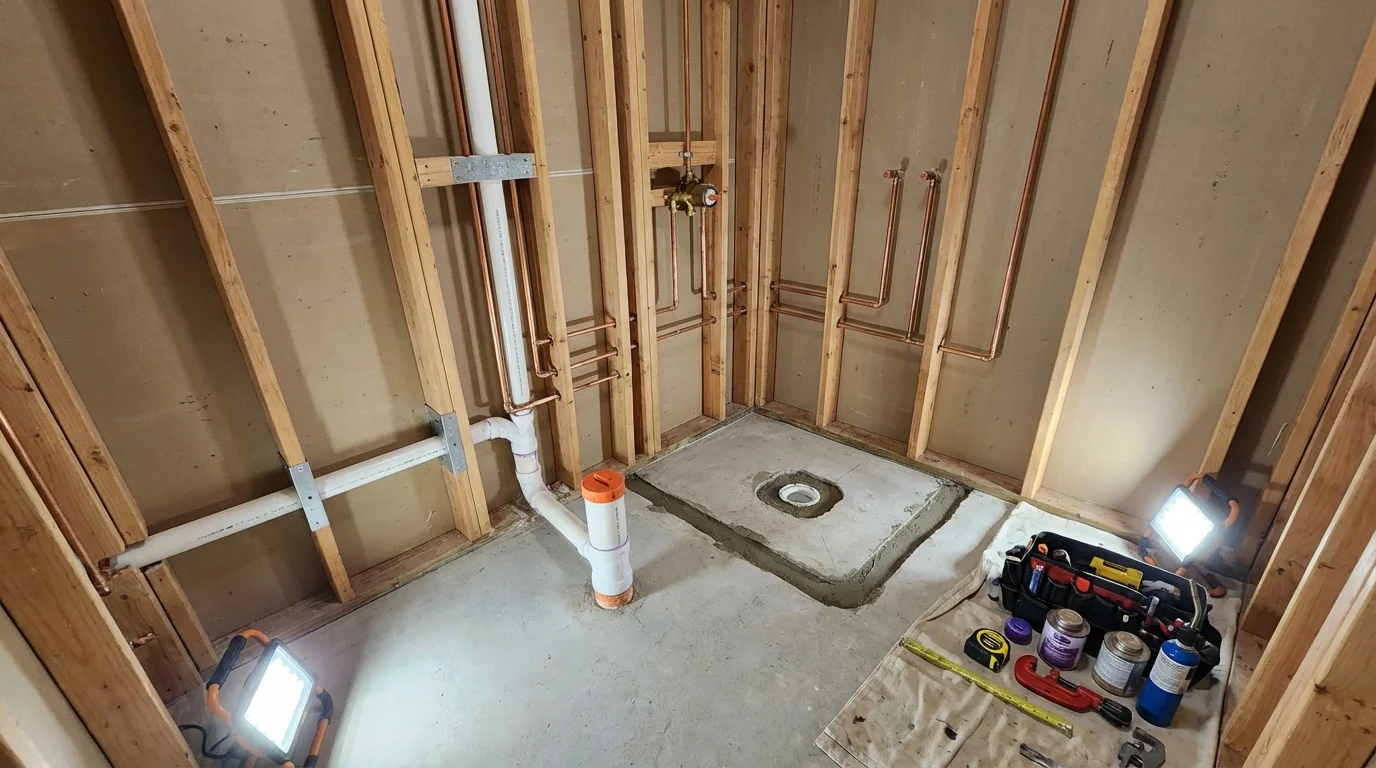 Bathroom rough-in plumbing during remodel by Johns Plumbing LLC in Rhodhiss