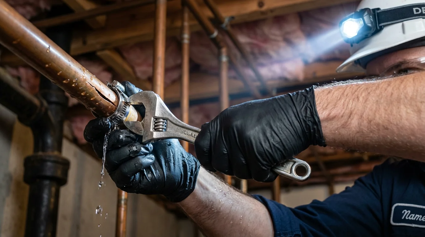 Emergency pipe clamp repair being performed by a Johns Plumbing LLC plumber in Rhodhiss