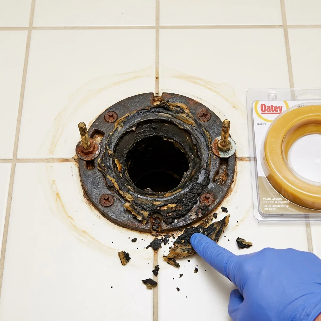 Failed wax ring showing water seepage at the base of a toilet in a Rhodhiss, NC home