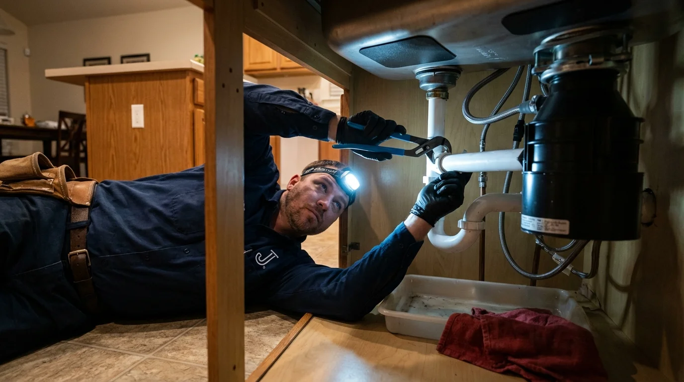 P-trap and supply line connections under a kitchen sink showing a common leak point in Rhodhiss, NC